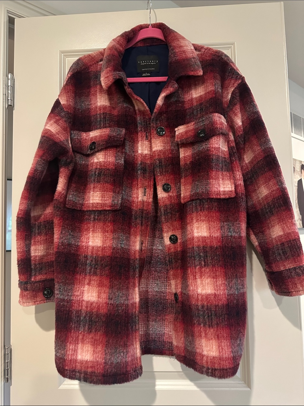 Sanctuary Red and Pink Plaid Utility “Shacket” Jacket